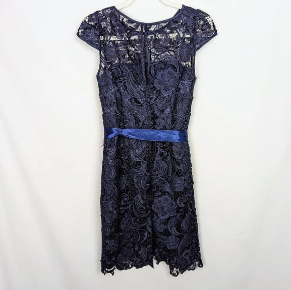 ADRIANNA PAPELL Illusion Cap Sleeve Floral Lace Satan Belt Tie Waist Dress sz.6 - Picture 5 of 15